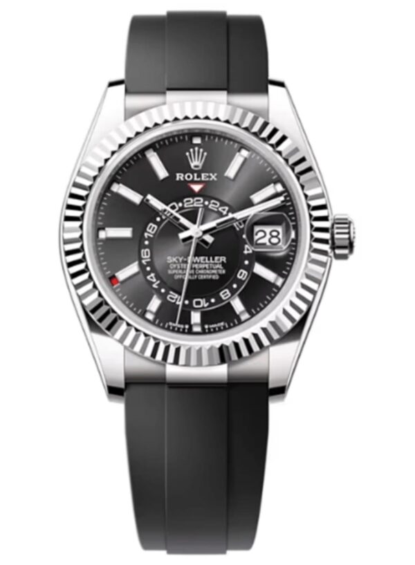 New Rolex Sky-Dweller White Gold Bright Black Index Dial Fluted Bezel Oysterflex Rubber Strap 336239